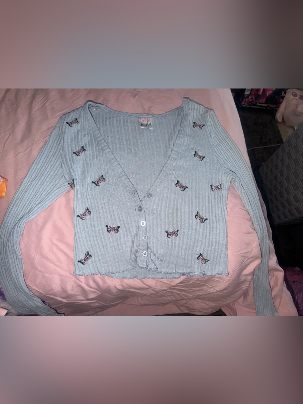 Belle Du Jour Light Blue Ribbed Butterfly Cropped Cardigan